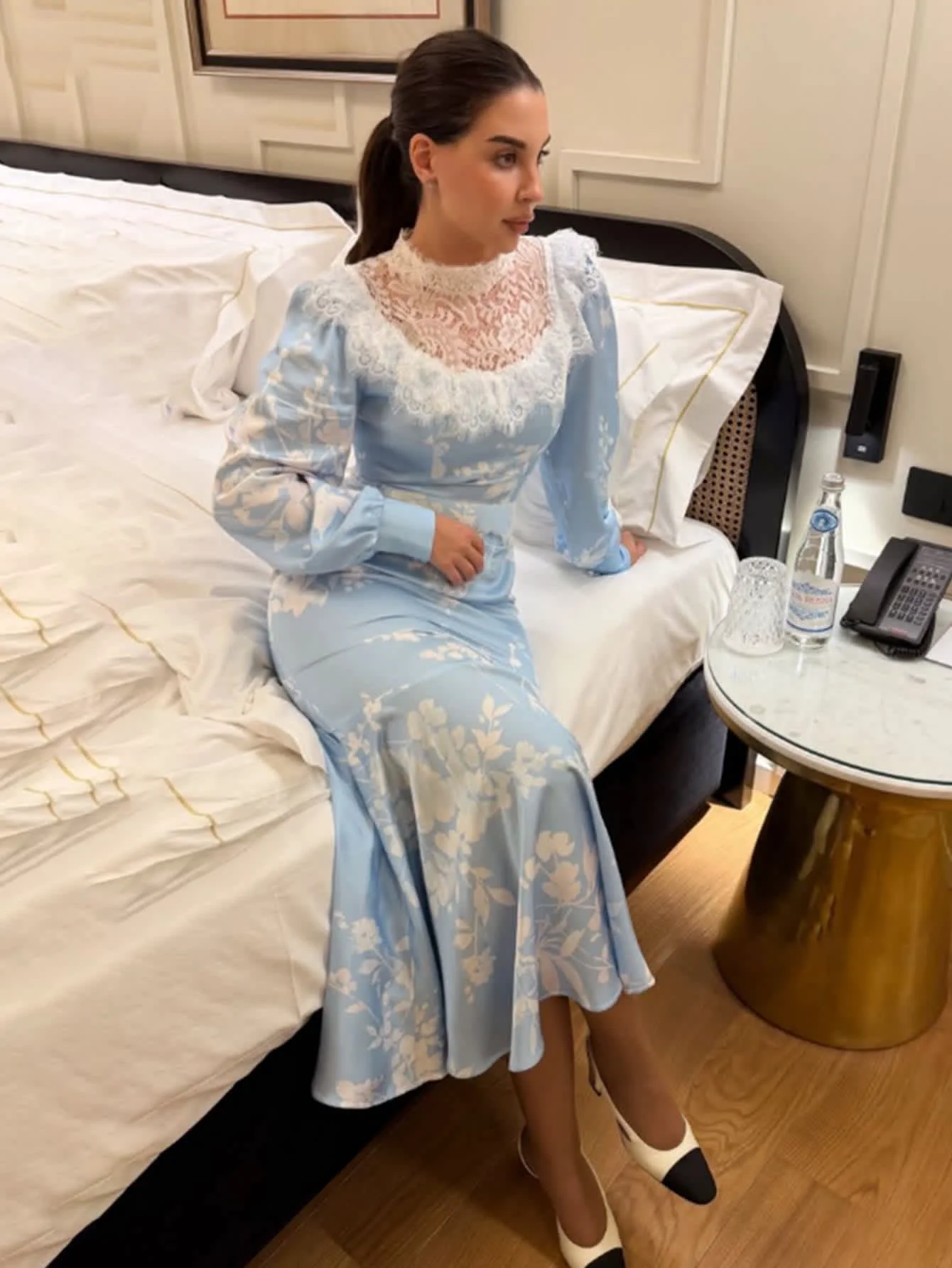 Optimized Chic YC Women's Floral Print Satin Mermaid Lace Collar Puff Sleeve Ruffle Hem Elegant Wedding Guest Party Dress Genuine