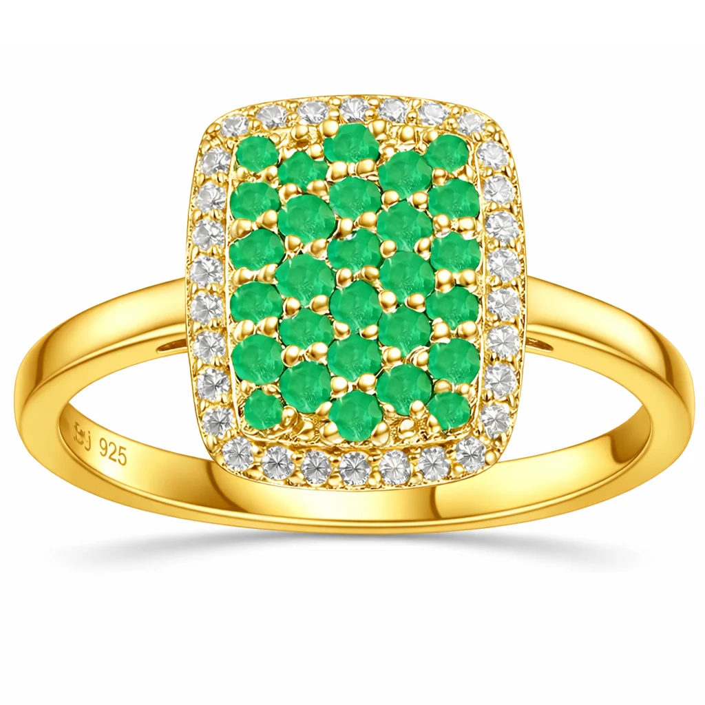 Healthy 0.70 Ct Round Green Emerald Prong 22K Gold Vermeil Cushion Statement Ring High-End