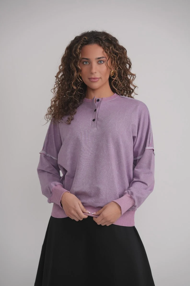 First-Class Acid Wash Sweatshirt With Buttons - Lavender Lightweight