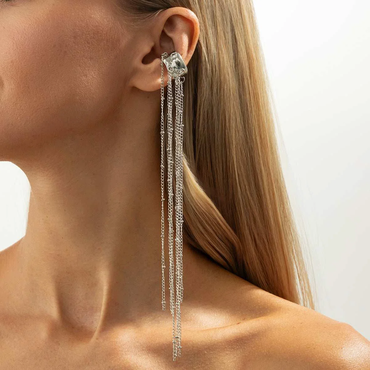 Expertly Made Silvertone Beaded Chain Long Tassel Ear Cuff World-Class