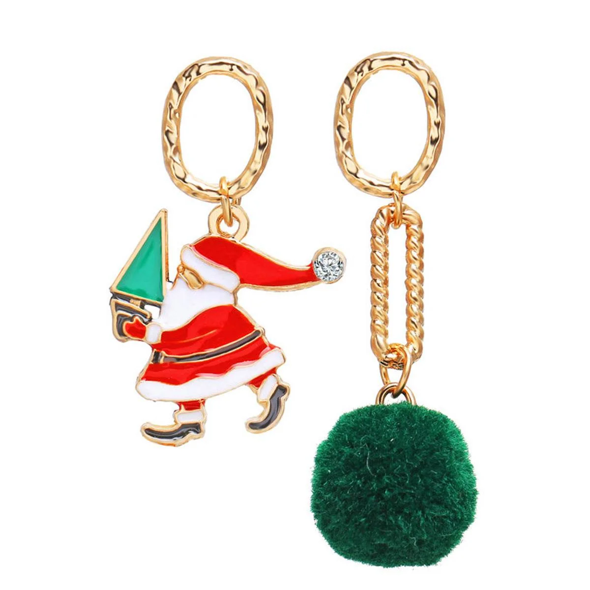 High-Quality Cubic Zirconia Green Pom-Pom Santa Mismatched Drop Earrings Lightweight