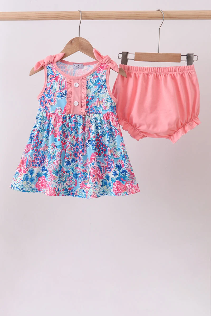 Crafted Pink tropical floral print ruffle bow bloomer set Reliable