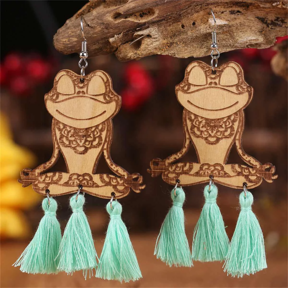 Original Design Teal Brown Wood Tassel-Accent Frog Drop Earrings Long-Lasting
