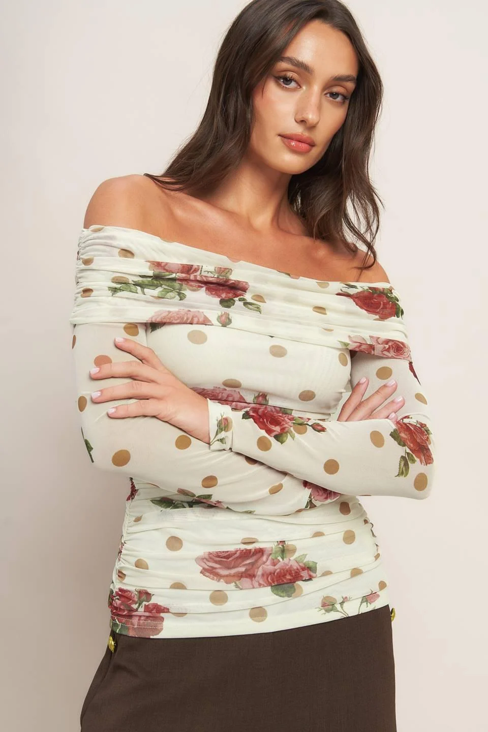 Comfortable Cream Bloom Delight Power Mesh Top Fashionable