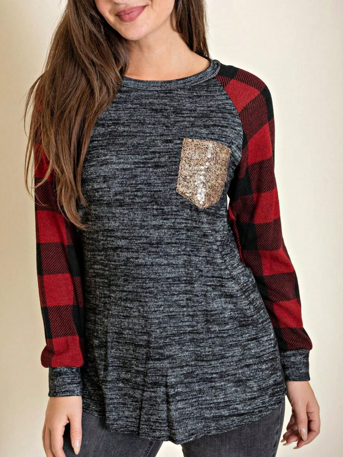Crafted Boho Retro 90's Floral Sequin Plaid Checker Pocket Soft Stripe RaglanTunic Top Shirt Pull Over High-End