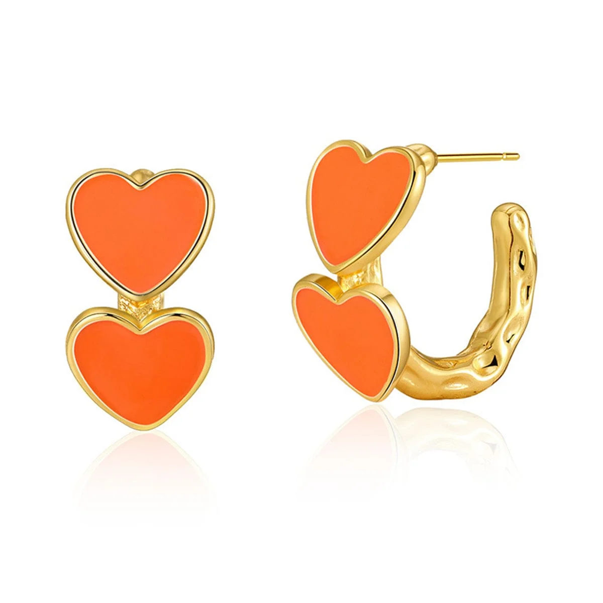 Trendy Orange Enamel Goldtone Heart Huggie Earrings Soft