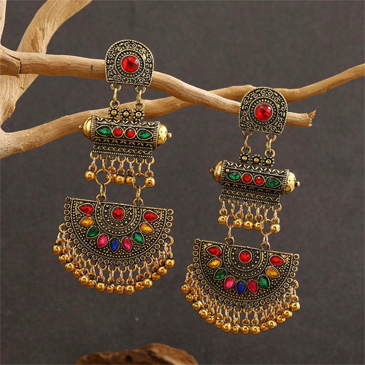 Official Red Crystal Goldtone Geometric Tassel Drop Earrings Artisan