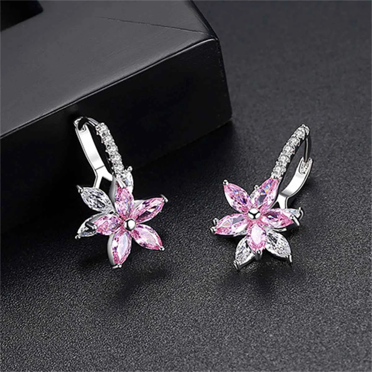First-Class Pink Crystal Cubic Zirconia Flower Huggie Earrings Trusted
