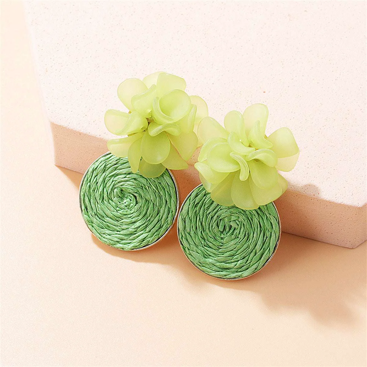 Durable Green Raffia Flower Drop Earrings Responsible
