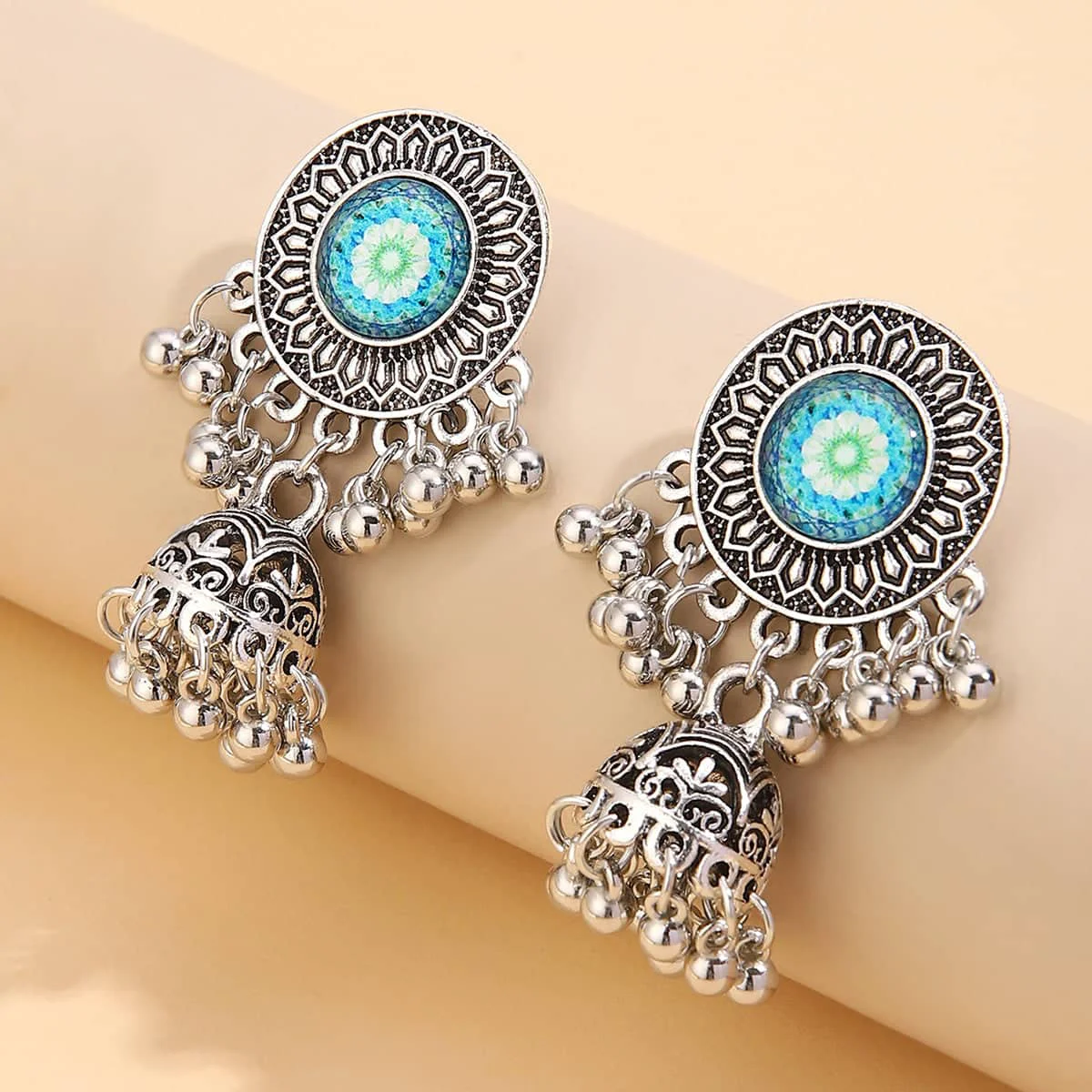 Authentic Teal Resin Silvertone Mandala Bell Drop Earrings Outstanding