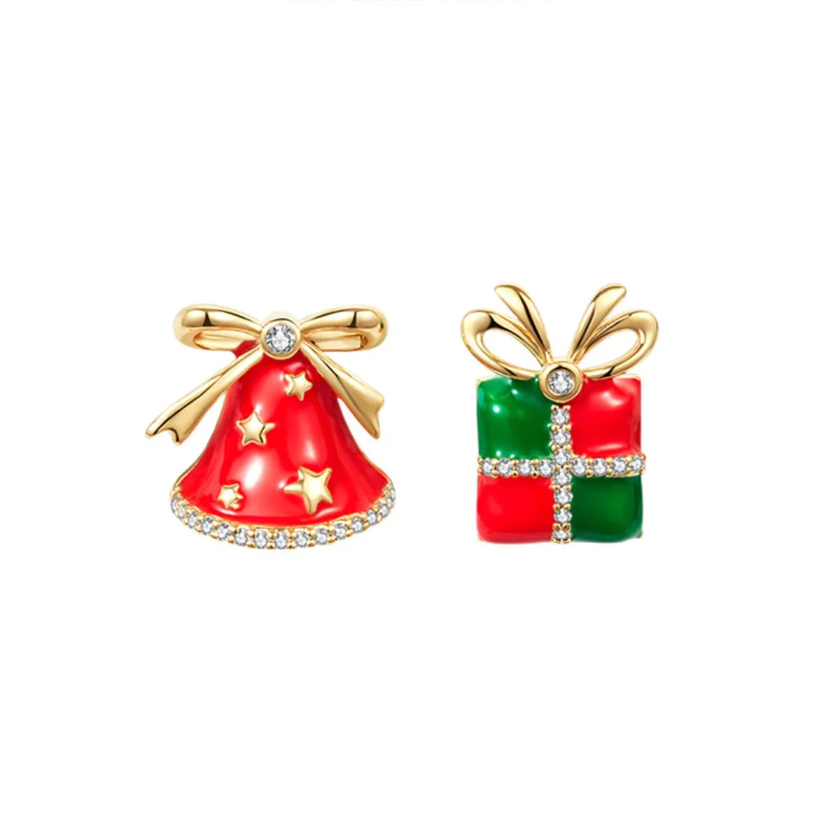 Eco-Friendly Red Enamel Cubic Zirconia Christmas Gift Bell Mismatch Stud Earrings Prestigious