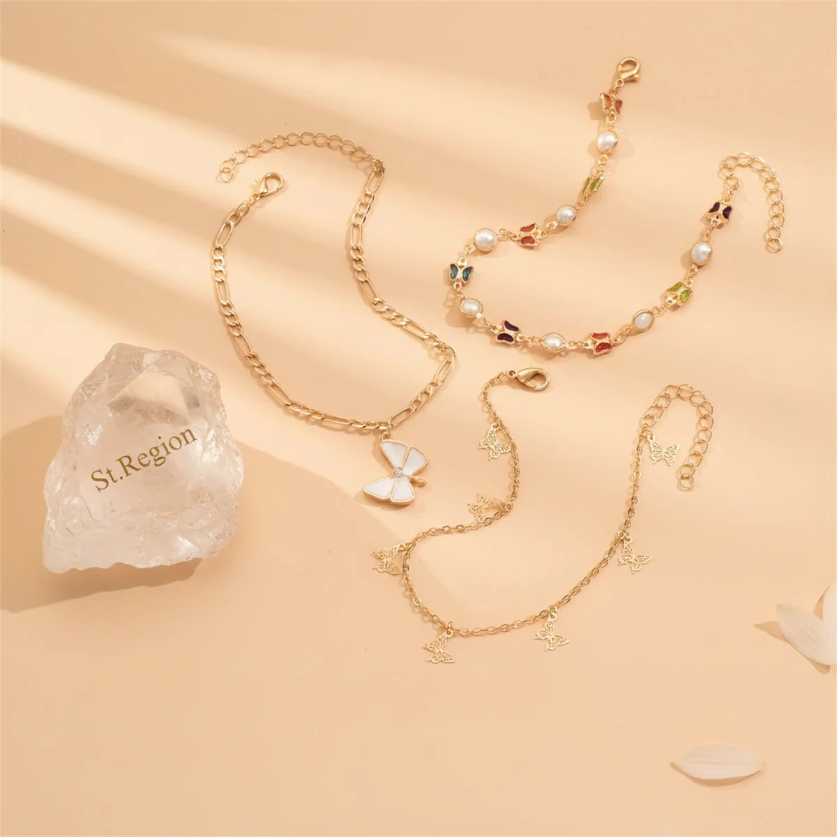 Fashionable Pearl Multi-Colored Crystal Goldtone Butterfly Stations Anklet Set Minimalist