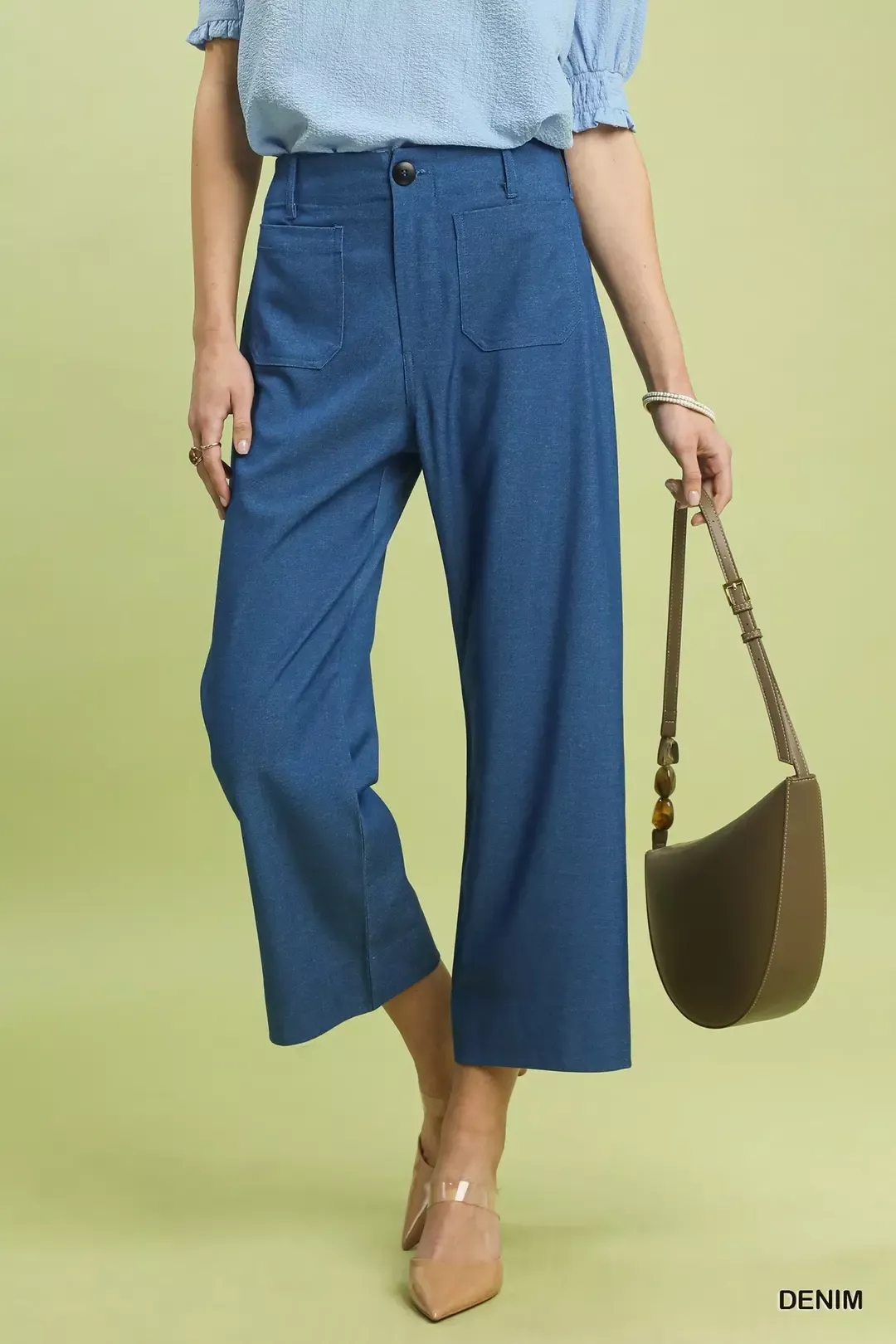 Sustainable DBLCLK Women's Denim Wide Leg Crop Pants with Front Pockets Versatile