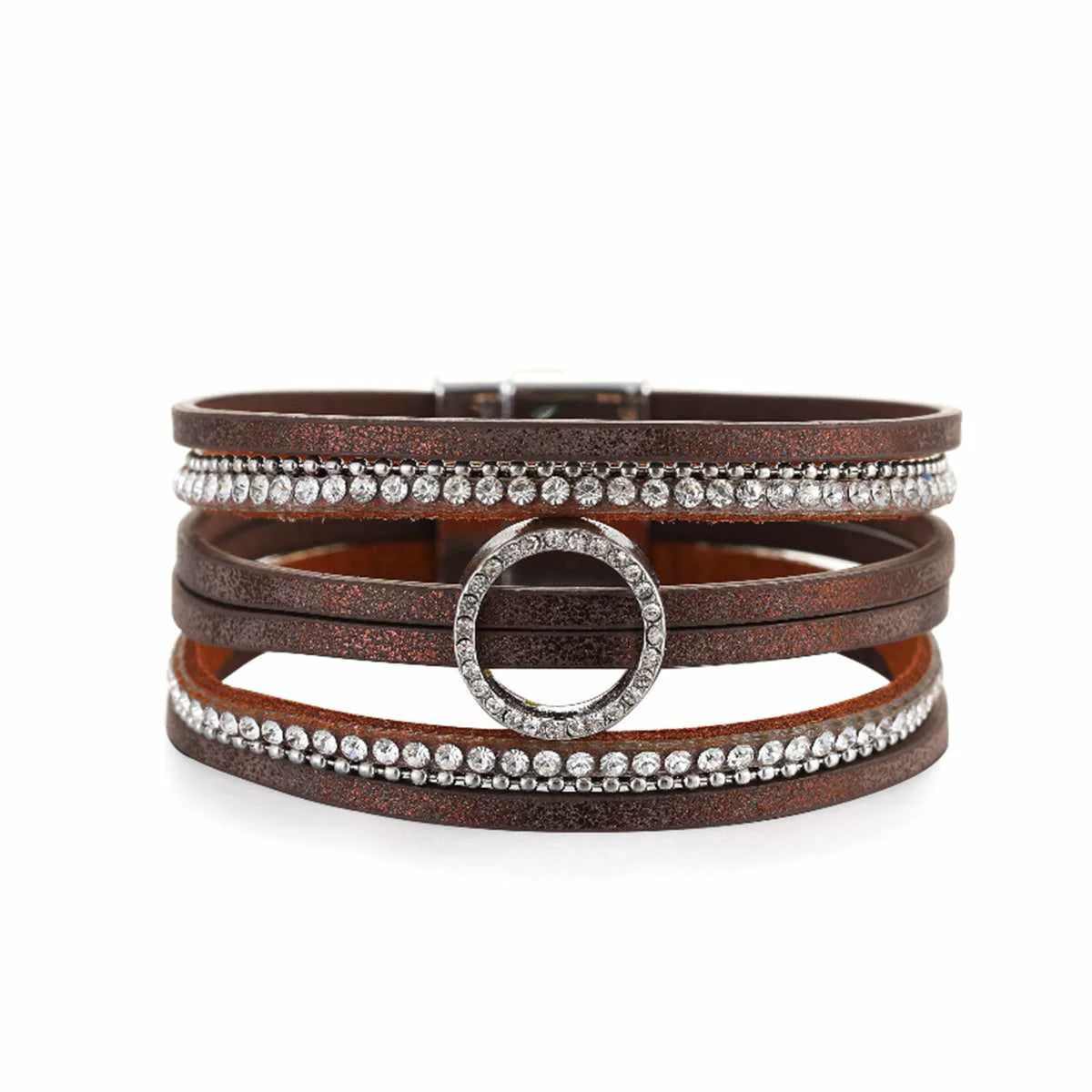 Fine Brown Polystyrene Cubic Zirconia Silvertone Bead-Chain Circle-Charm Bangle World-Class