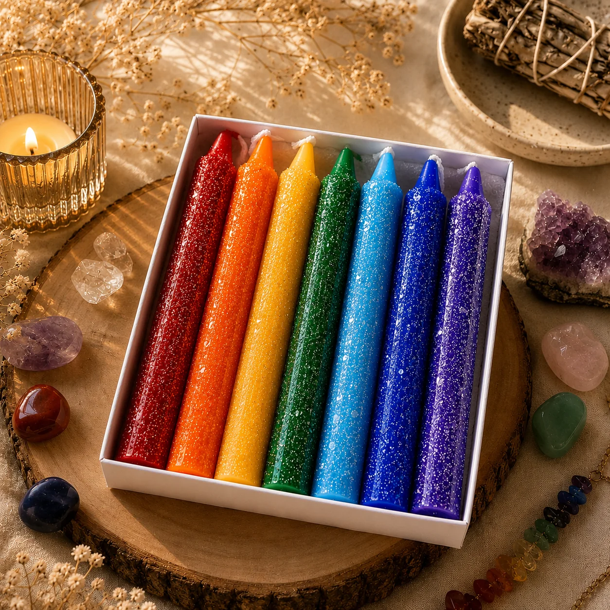 Green Crystal Sprinkled Chakra Candle Set 4 Pillar Spell Candles Specialty