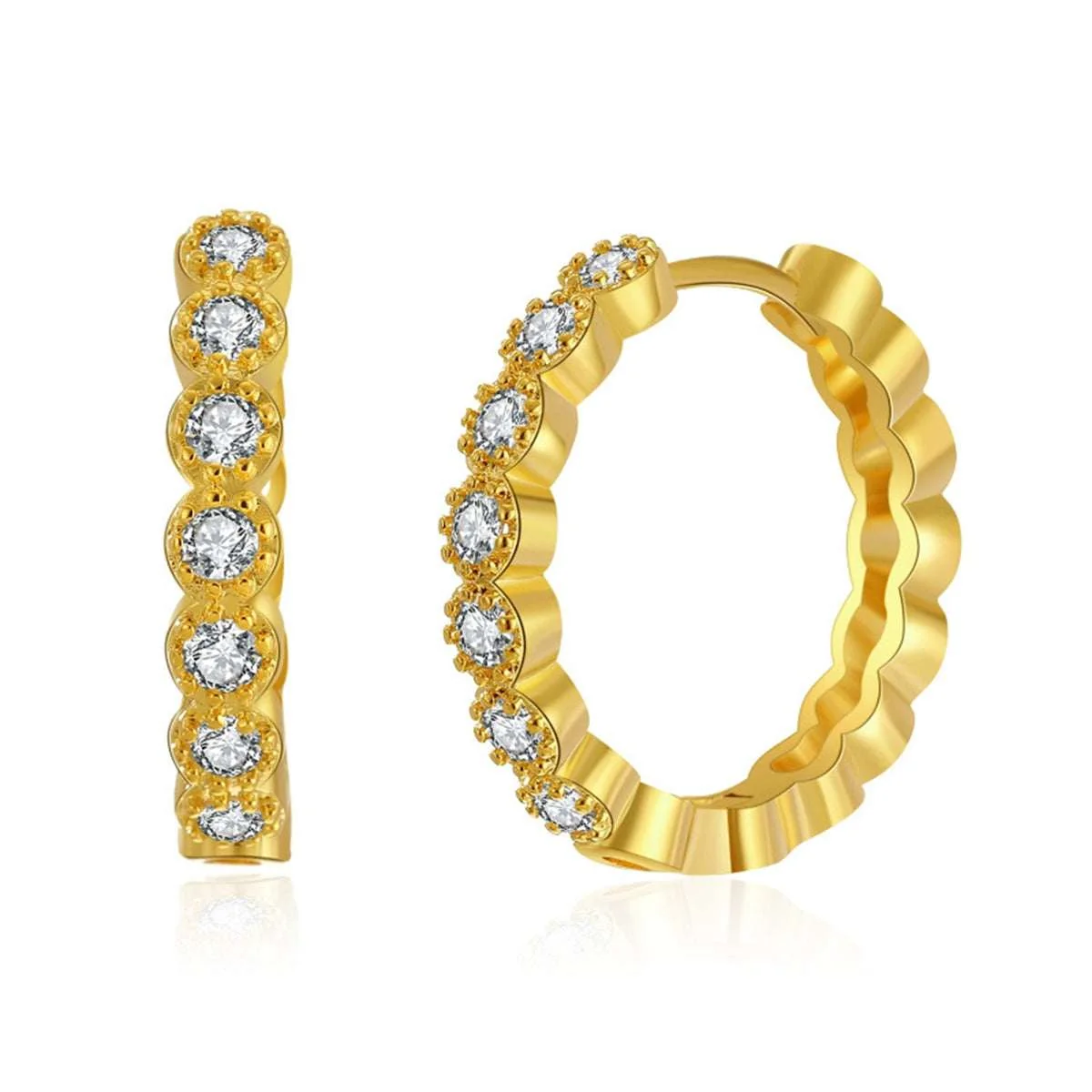 Modern Cubic Zirconia Goldtone Round-Cut Bezel Wave Huggie Earrings Selected