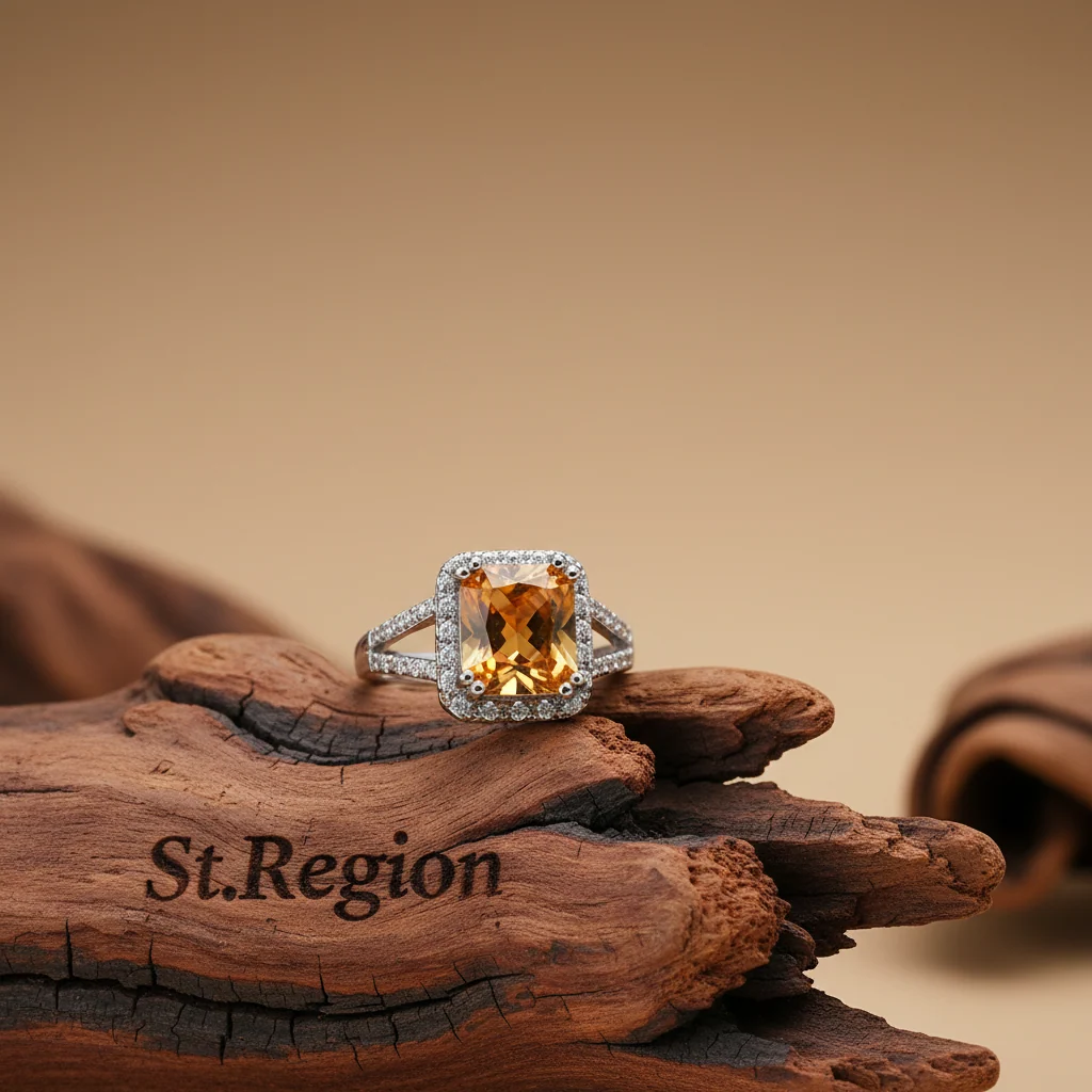 Contemporary Champagne Crystal Silvertone Radiant-Cut Ring Minimalist