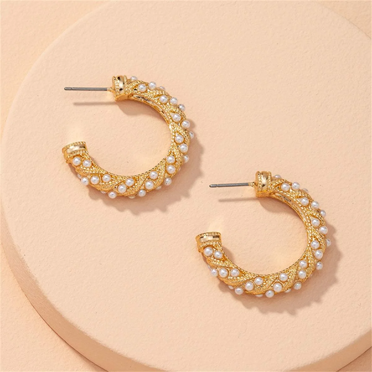 Convenient Pearl Goldtone Twine Huggie Earrings Soft