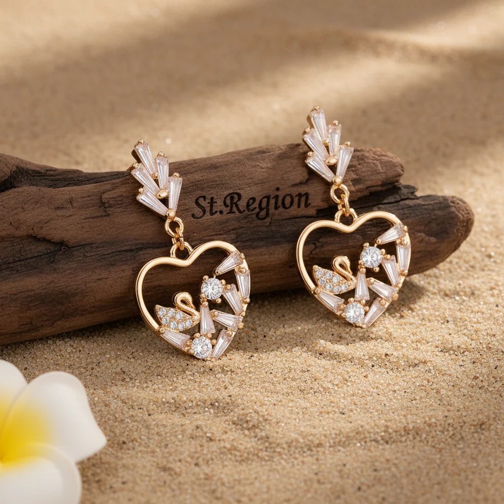 Modern Cubic Zirconia Goldtone Swan Heart Dangle Earrings Lightweight