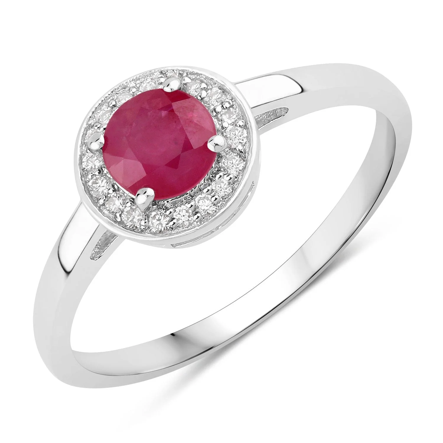 Modern 0.55 Ct Round Pink Mozambique Ruby Lab Diamond Prong Silver Halo Ring Relaxed