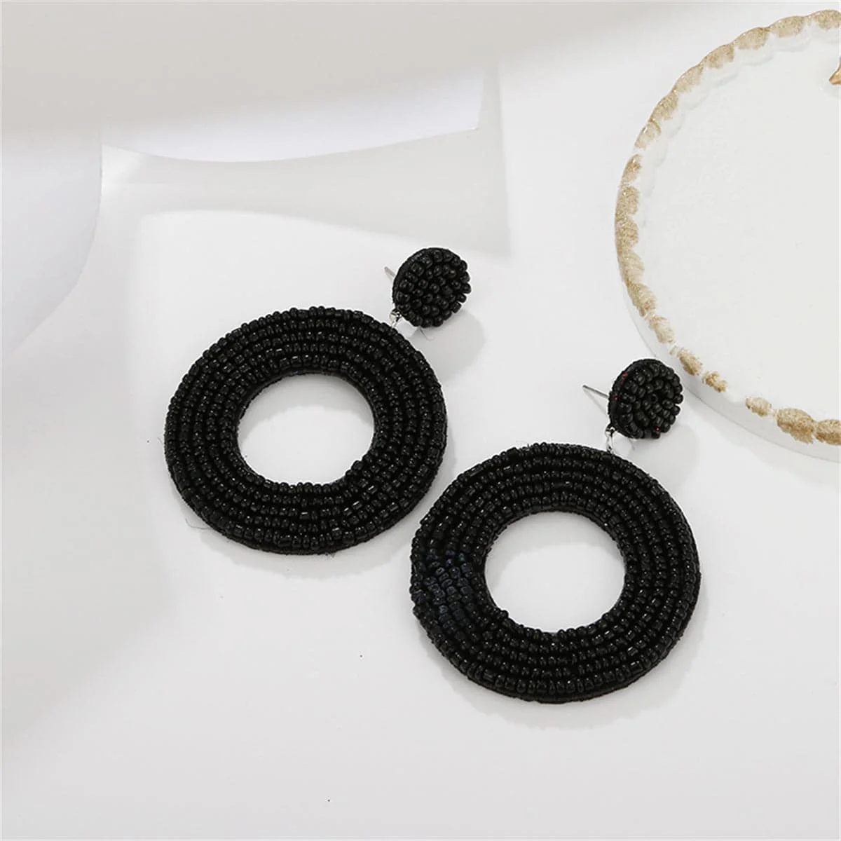 Prestigious Black Howlite Beaded Open Circle Drop Earrings Carefully Designed