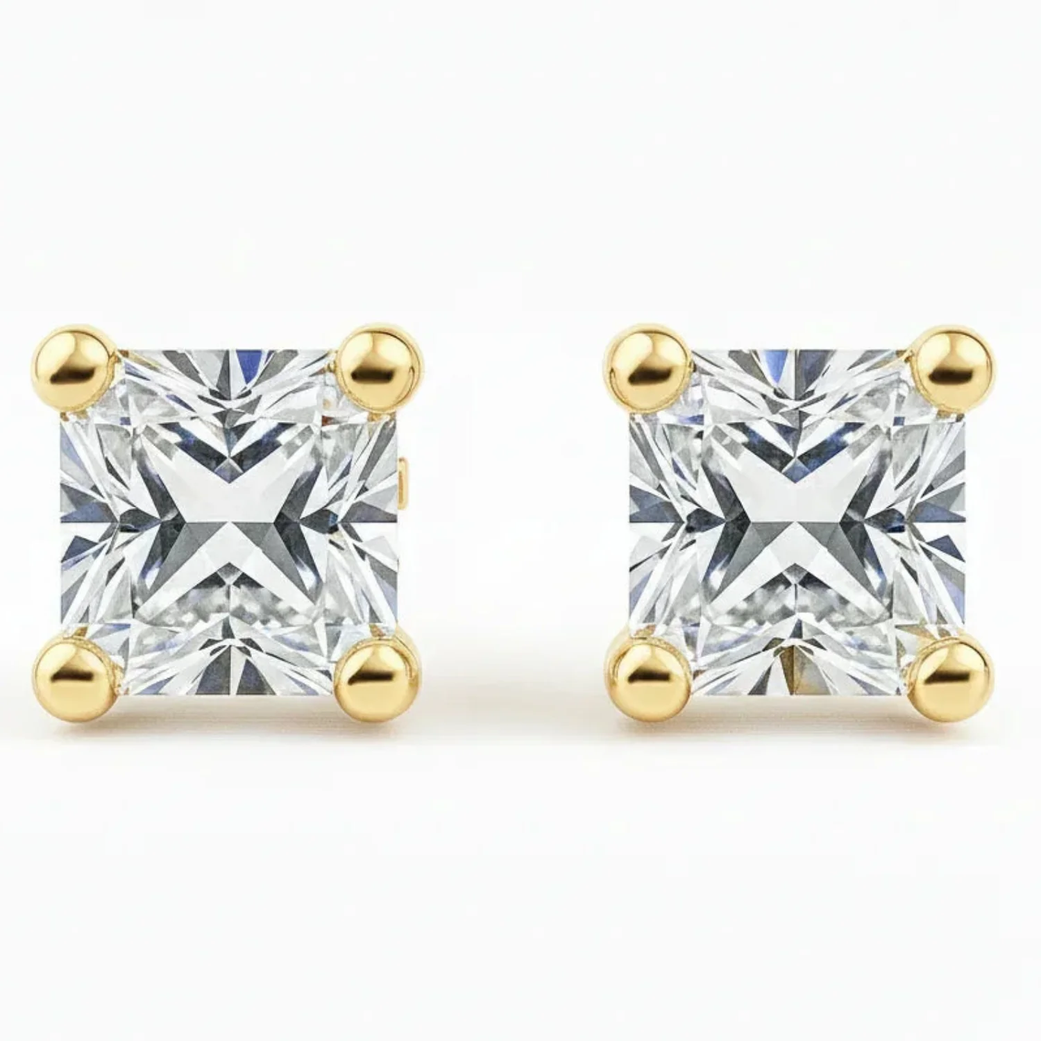 Smooth IGI Princess Cut Lab Grown Diamond Solitaire Stud Earrings Yellow Gold Professional