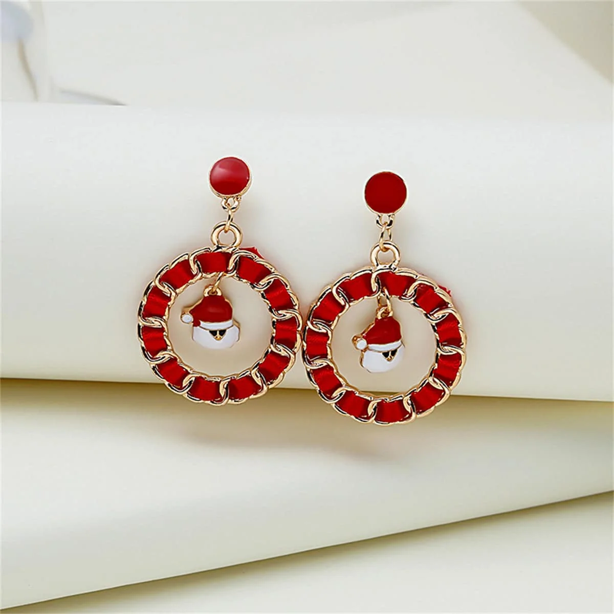 Traditional Red Ribbon Enamel Goldtone Santa Figaro Drop Earrings Healthy