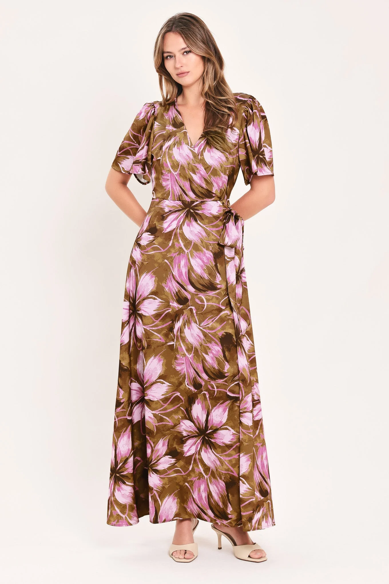 Trendy Violet Garden Drift Woven Faux Wrap Maxi Dress Recyclable