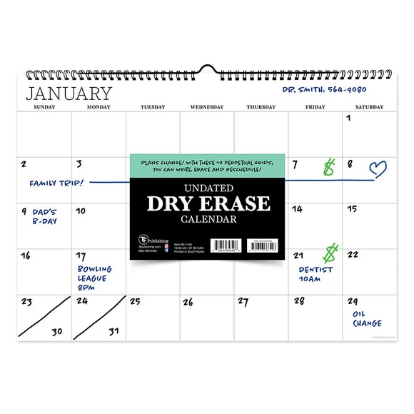 Solid Undated 17 X 12 Dry Erase Medium Wire-o Hanging Horizontal Wall Calendar Detailed