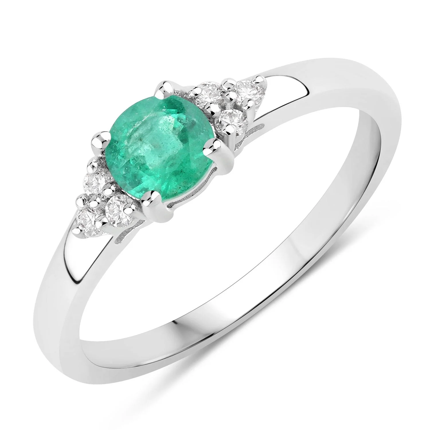 Prestigious 0.42 Ct Round Green Zambian Emerald and Lab Diamond Prong Silver Cocktail Ring High-Quality