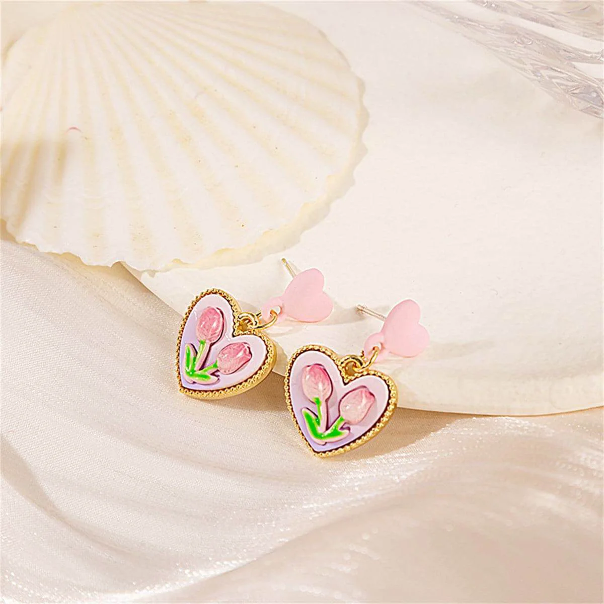 Exceptional Pink Enamel Resin Goldtone Flower Heart Drop Earrings Outstanding