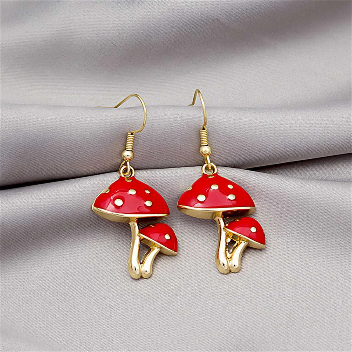 Relaxed Red Enamel Goldtone Mushroom Drop Earrings Selected
