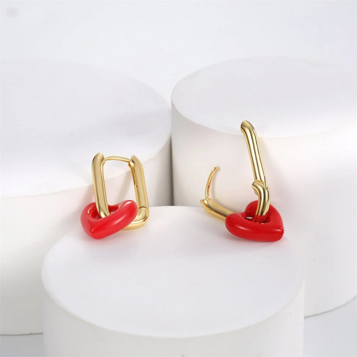 Healthy Red Goldtone Heart Huggie Earrings Specialty