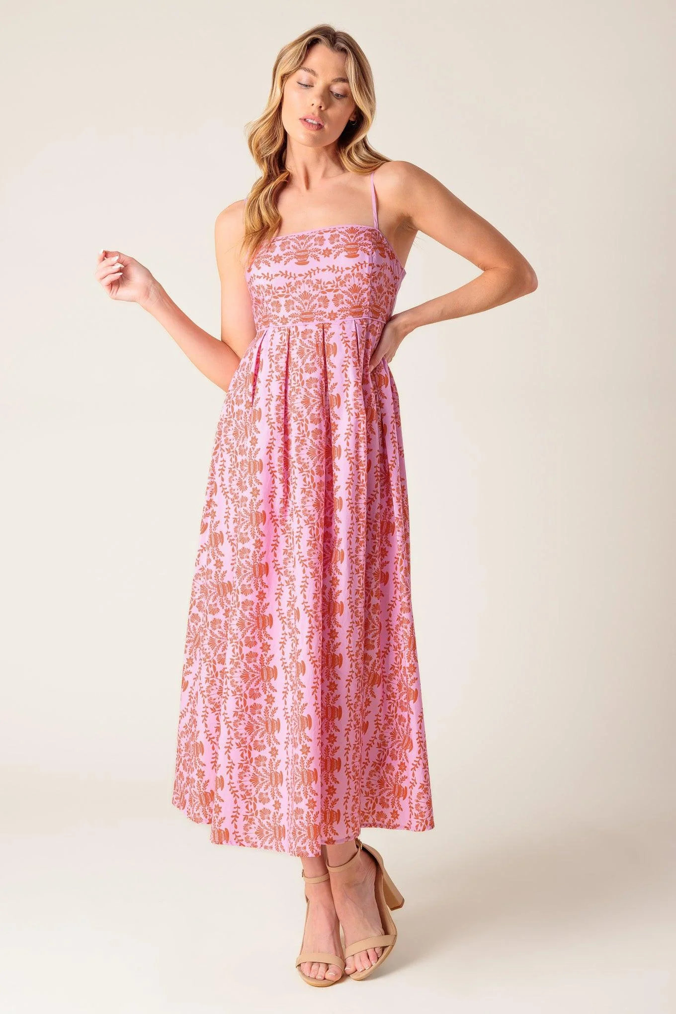 Breathable The Evette Pink Woven Midi Dress Recyclable
