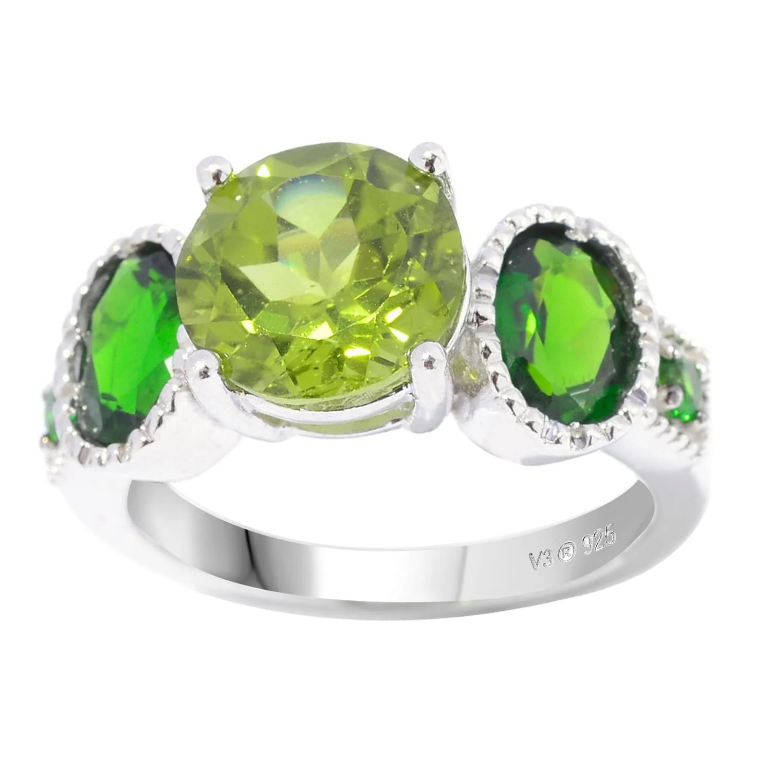 Premium Material V3 Jewelry Sterling Silver with Natural Peridot and Chrome Diopside Five Stone Ring Authentic