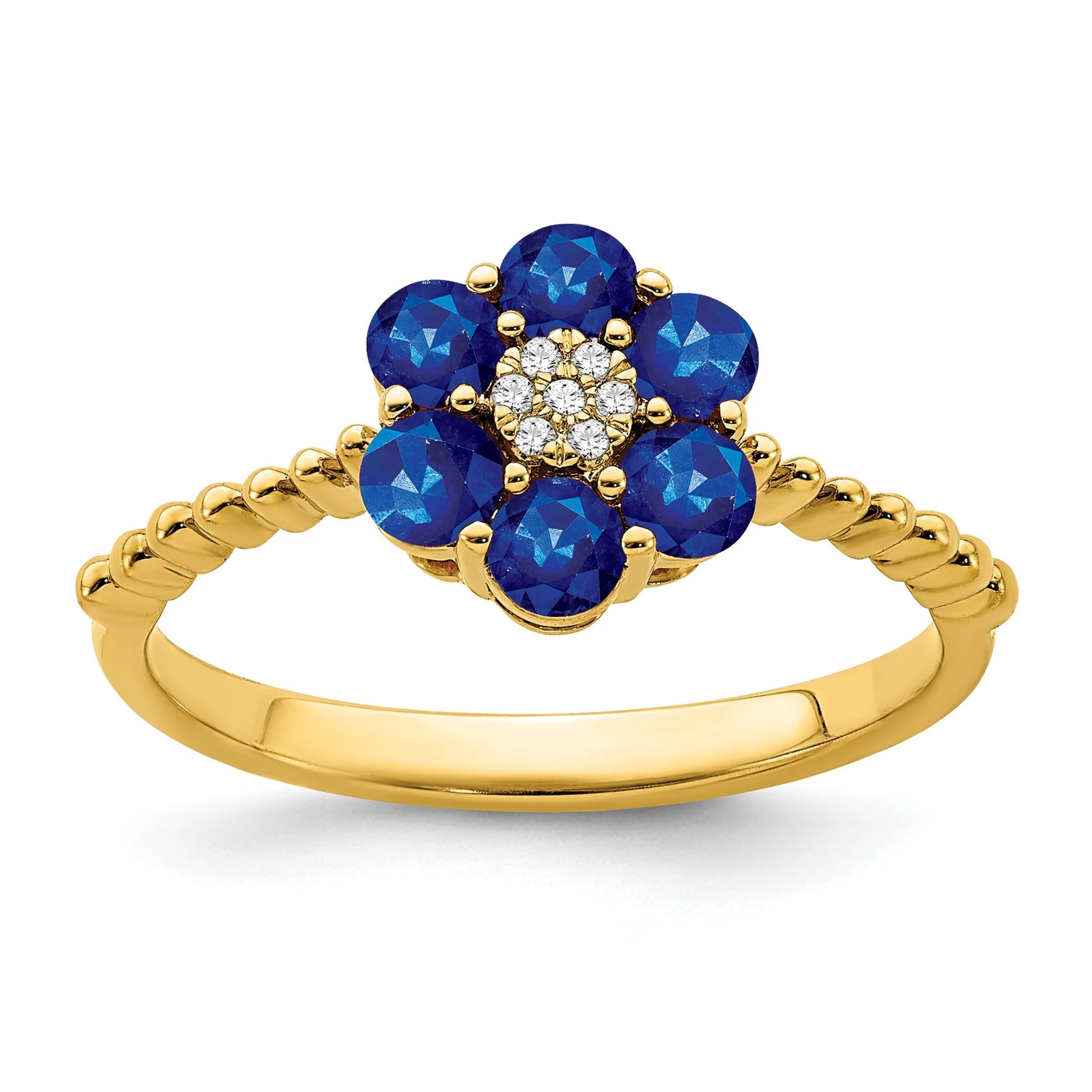 Durable 1.21 Ct Round Blue Sapphire and Diamond 14k Yellow Gold Floral Rope Band Ring Secure