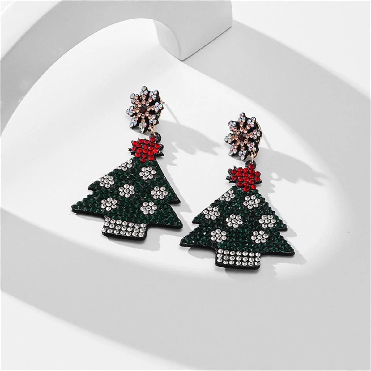 Green Red Cubic Zirconia Christmas Tree Drop Earrings First-Class