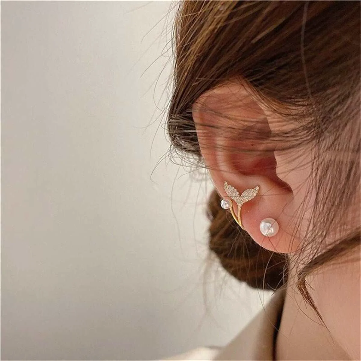 Convenient Pearl Cubic Zirconia Goldtone Fishtail Ear Jackets Genuine