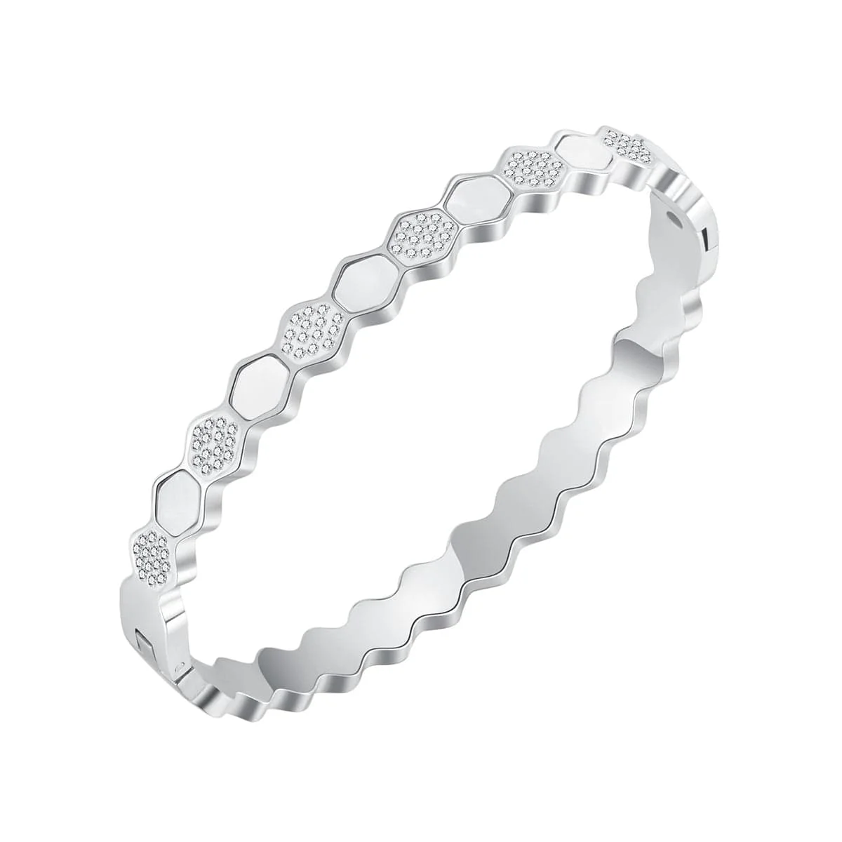Comfortable Cubic Zirconia Shell Silvertone Hexagon Bangle Classic
