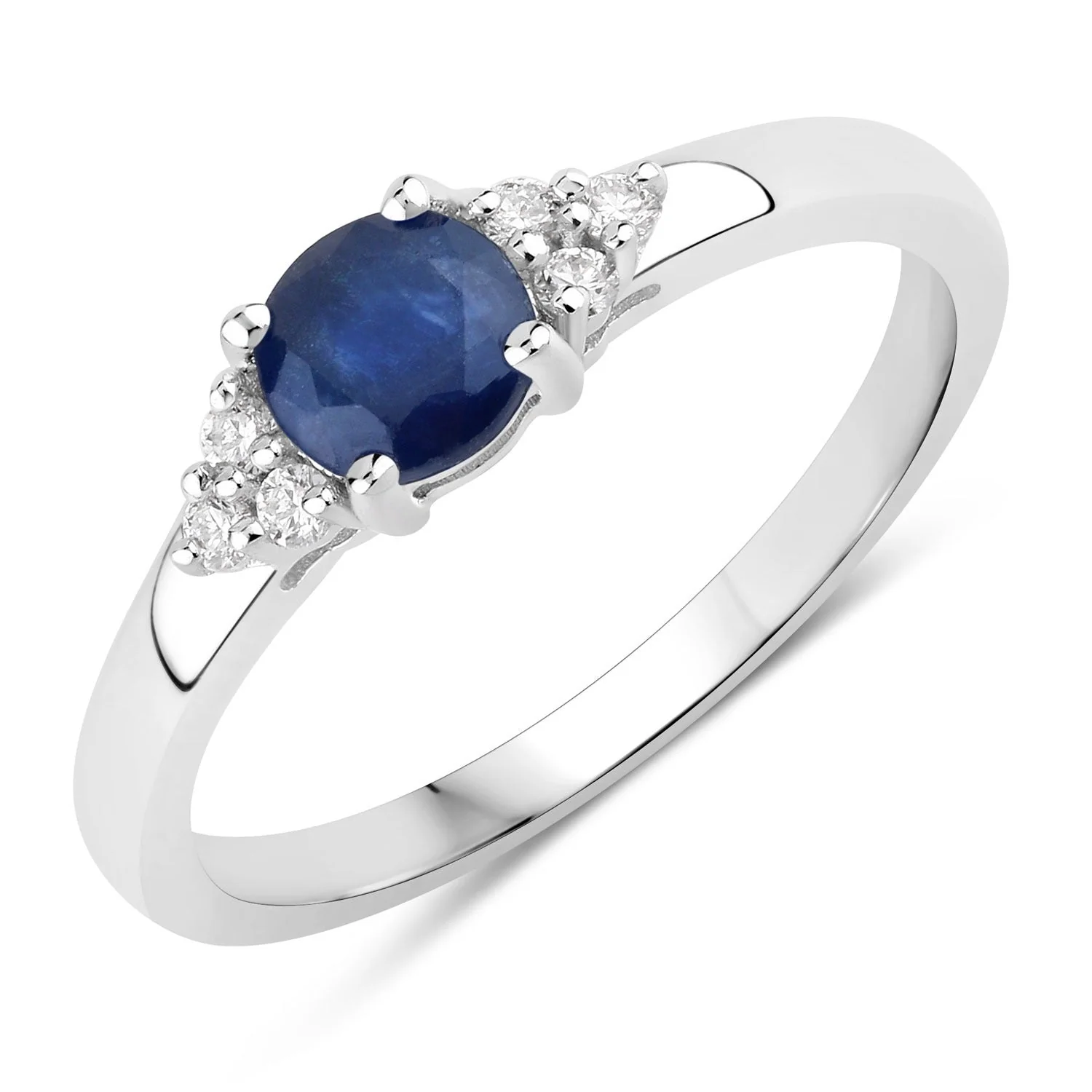 Excellent 0.65 Ct Round Blue Sapphire and Lab Diamond Prong Silver Cocktail Ring Stylish