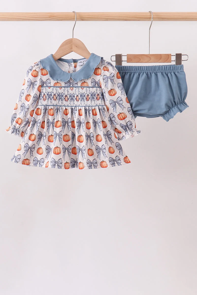 Genuine Blue Pumpkin Bow Smocked Bloomer Set Versatile