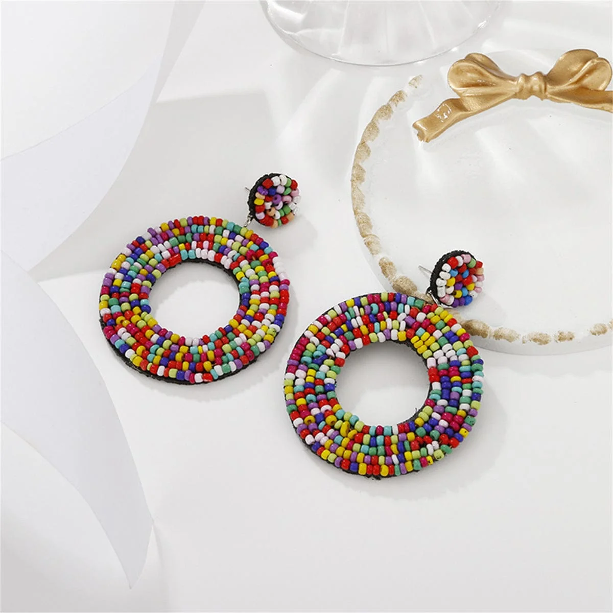 Lightweight Red White Beaded Round Drop Earrings Original Design