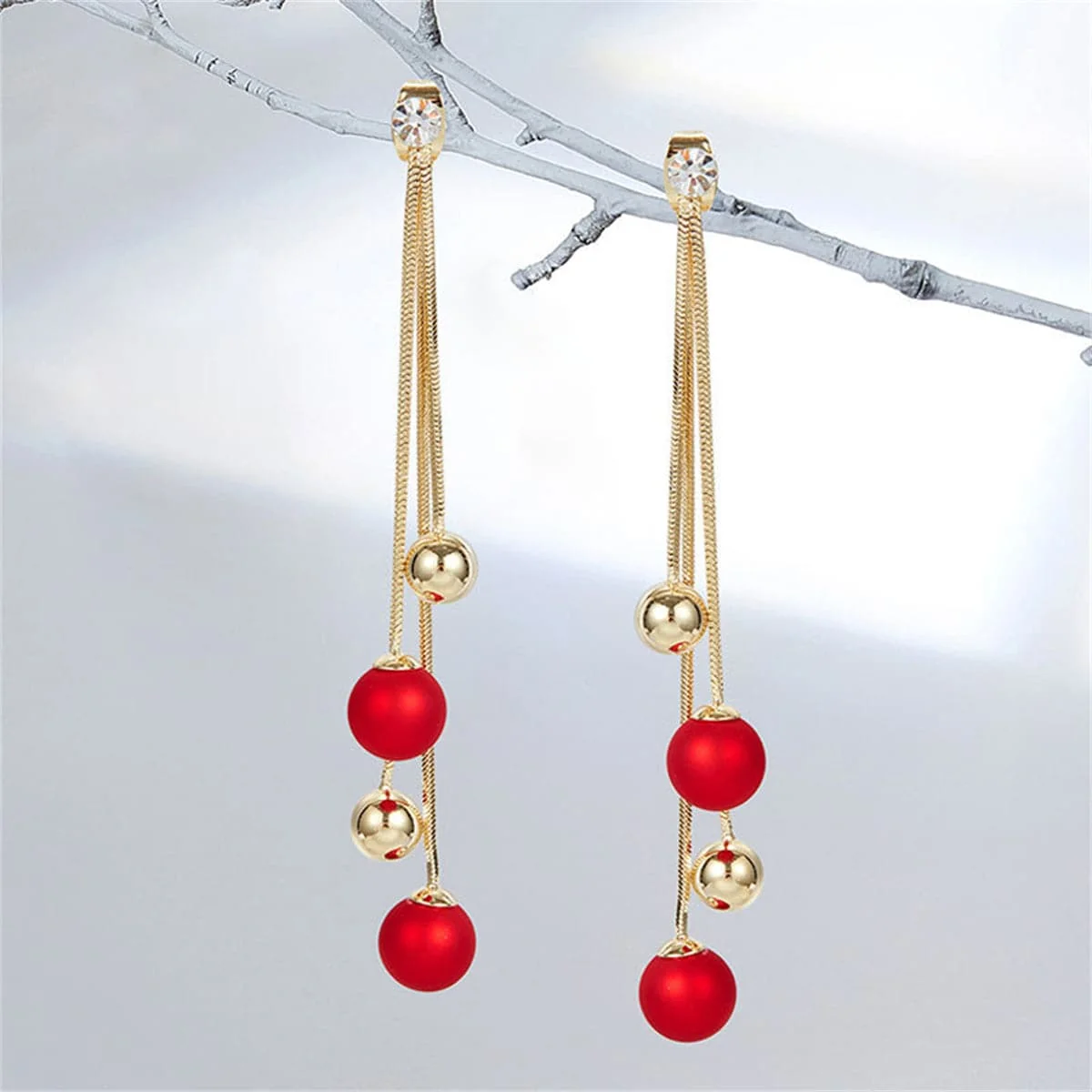 Secure Red Resin Cubic Zirconia Goldtone Ball Tassel Drop Earrings Effective