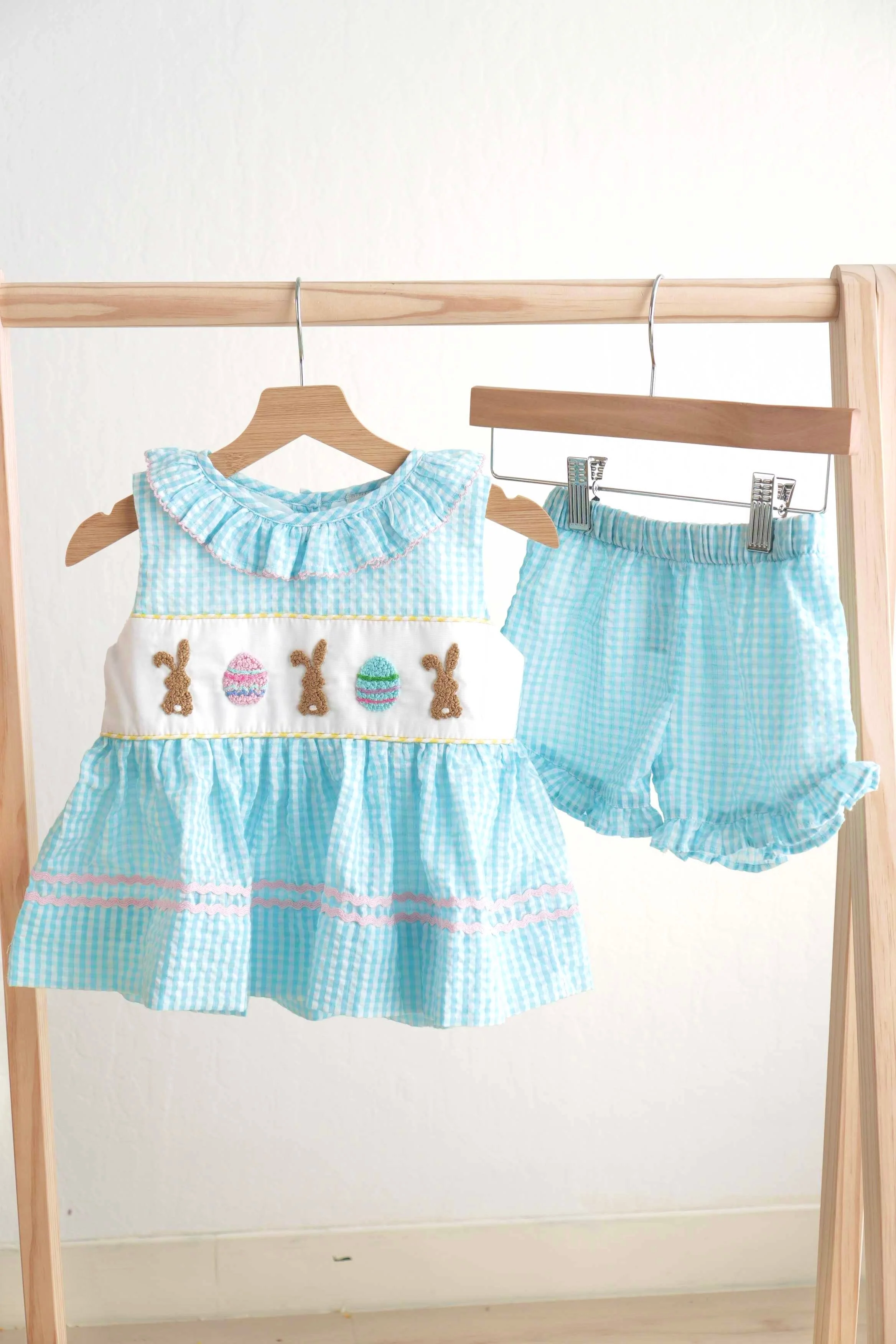 Original Blue easter bunny egg french knot girl gingham seersucker set Exceptional