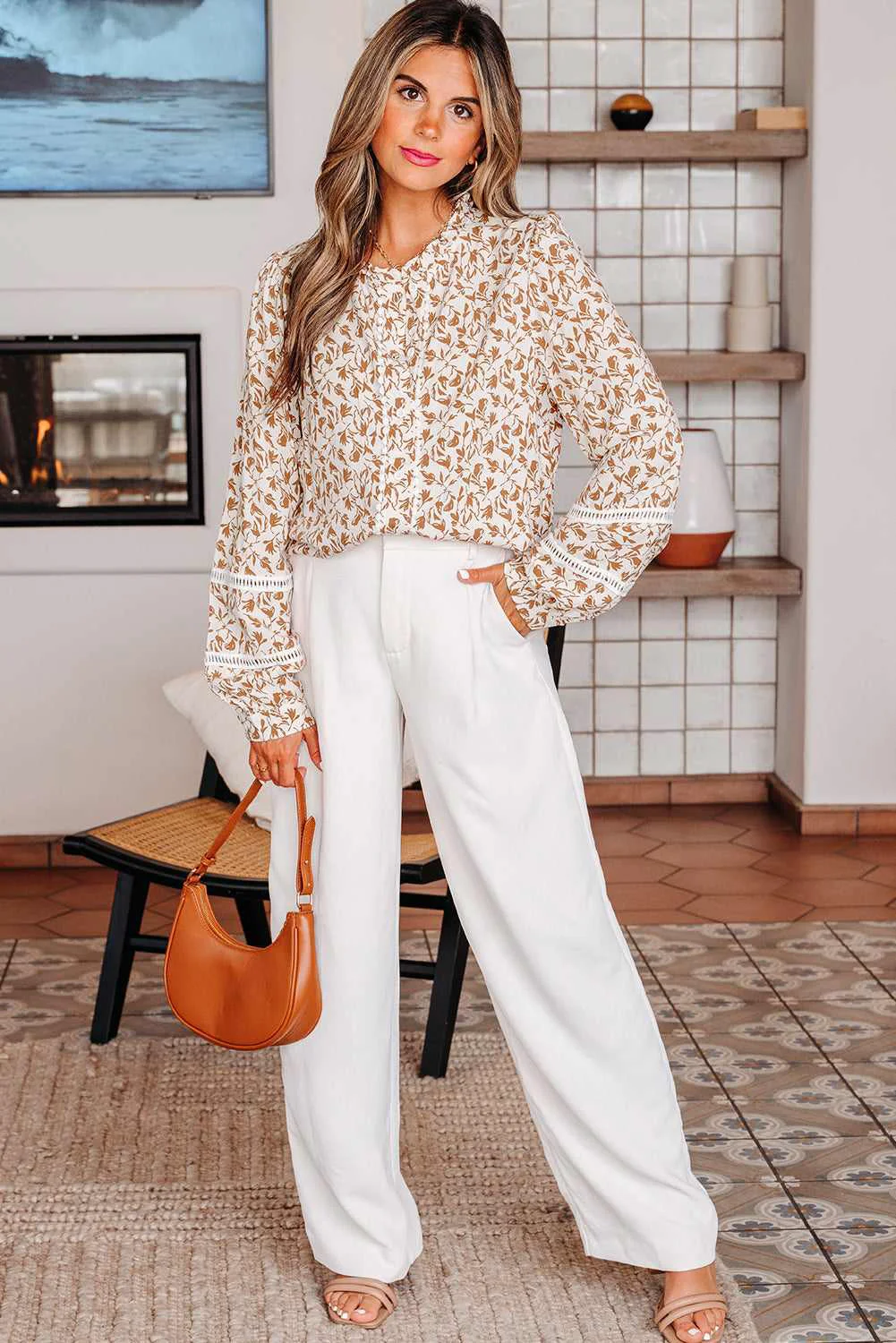 Exceptional Melanie Lace Floral Puff Sleeve Top - Khaki Printed M - 8 10 World-Class