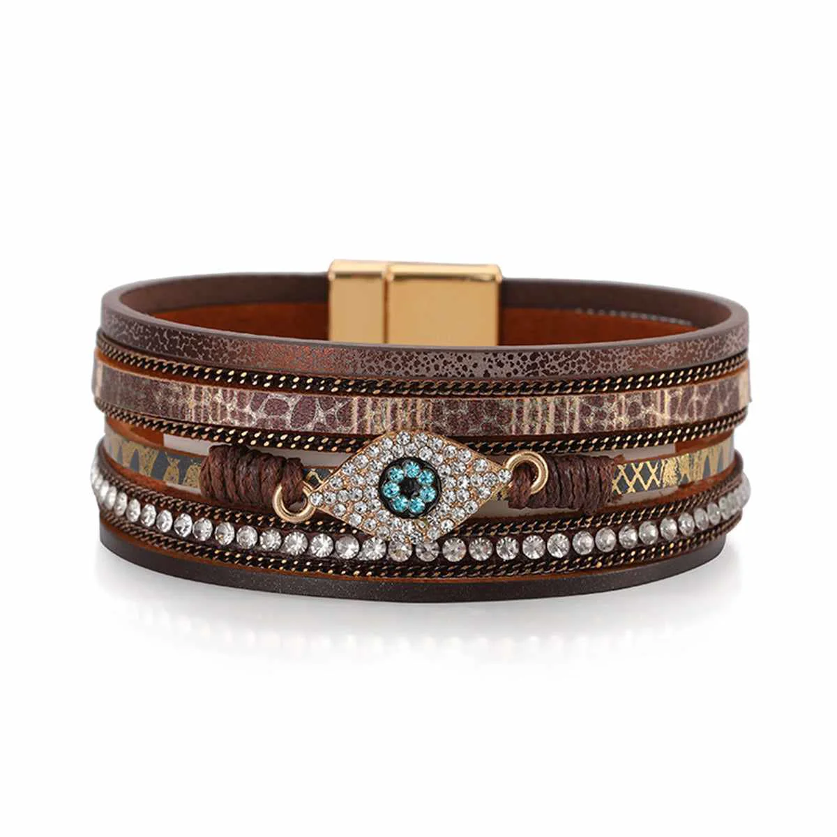 Exceptional Brown Polystyrene Cubic Zirconia Goldtone Eye Layered Bracelet Optimized