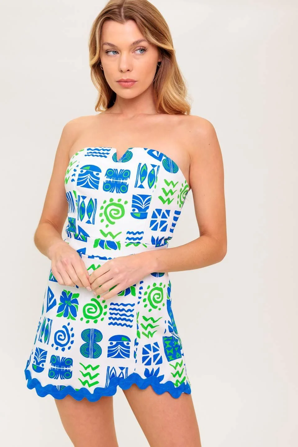 Trendy Tell Me White Blue Woven Romper Sophisticated