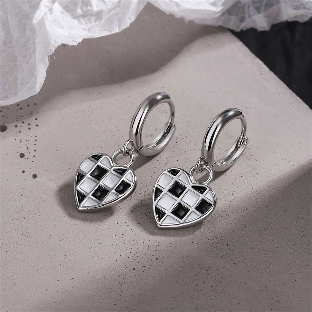 Fine Black White Checkerboard Heart Drop Earrings Quality