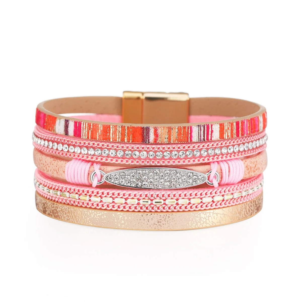 Premium Material Pink Polystyrene Cubic Zirconia Goldtone Strand Bracelet High-End