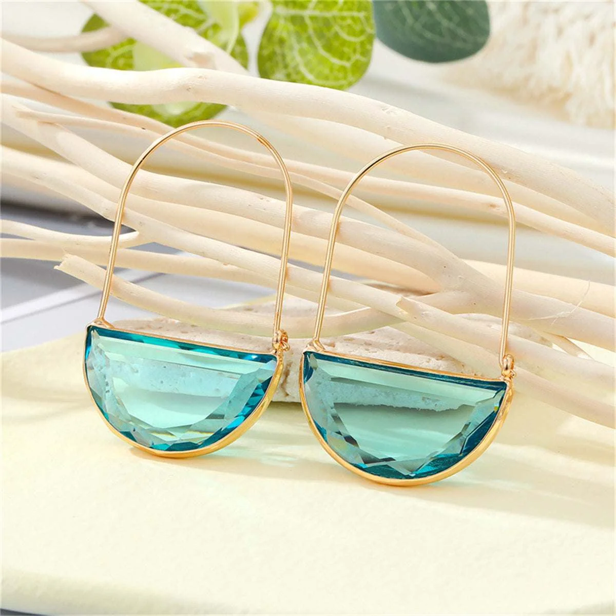 Fashionable Blue Crystal Goldtone Semicircle Drop Earrings Exclusive